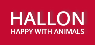 Hallon Logo featuring a red rectangle with HALLON HAPPY WITH ANIMALS inside