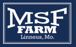 MSF Farm Logo featuring a blue box with MSF Farm Linneus, Mo.