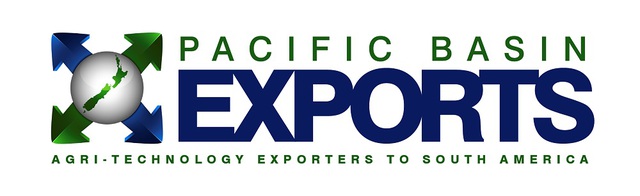 Pacific Basin Exports Logo featuring a white globe with a green New Zealand only visible & the country spans from the artic to almost the antartic, behind the globe are four arrows pointing outwards on each diagonal